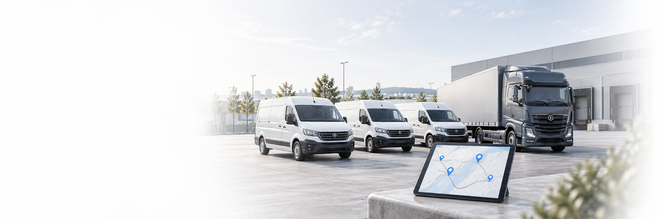 Fahrzeugflotte mit Transportern, LKW und einer illustrativen GPS-Karte auf einem Tablet.