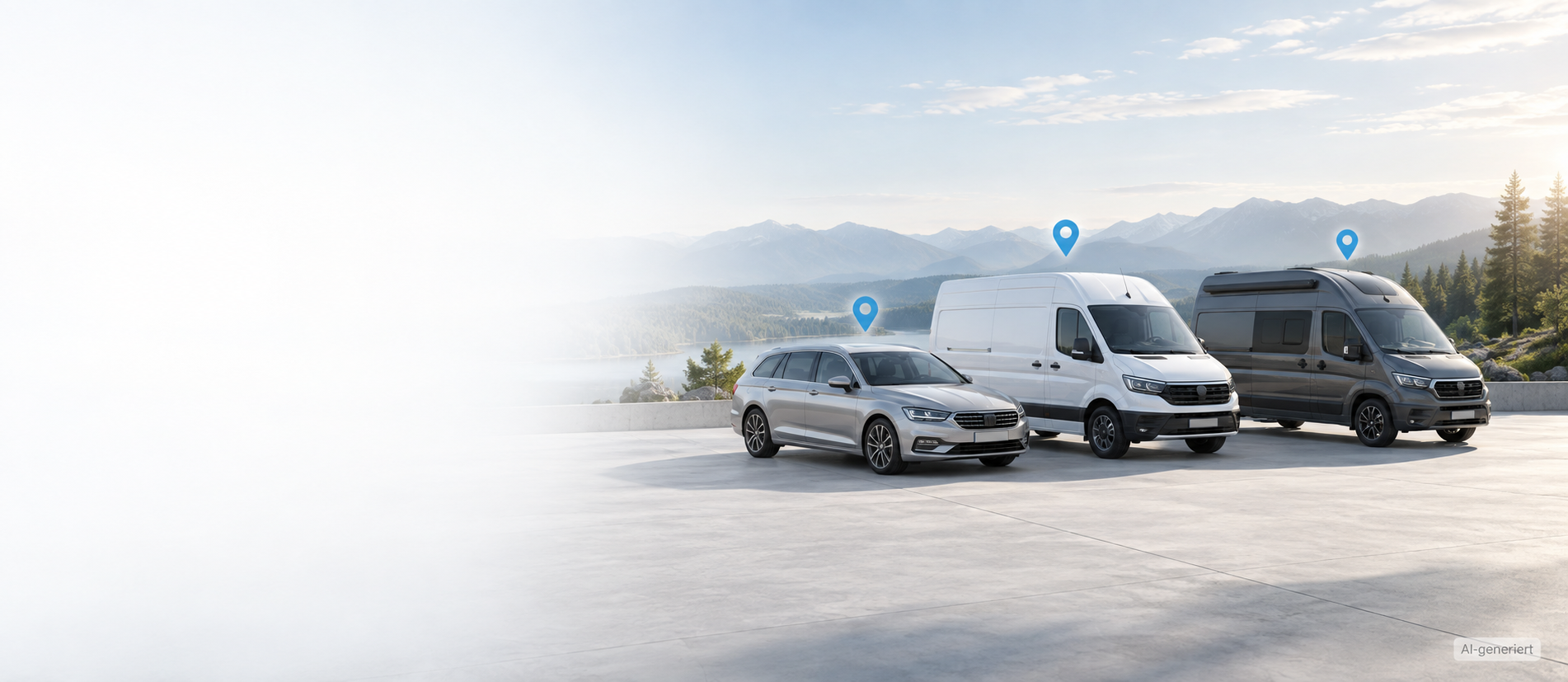 Auto, Transporter und Wohnmobil mit blauen GPS-Markierungen vor einer Berglandschaft. AI-generiertes Motiv.