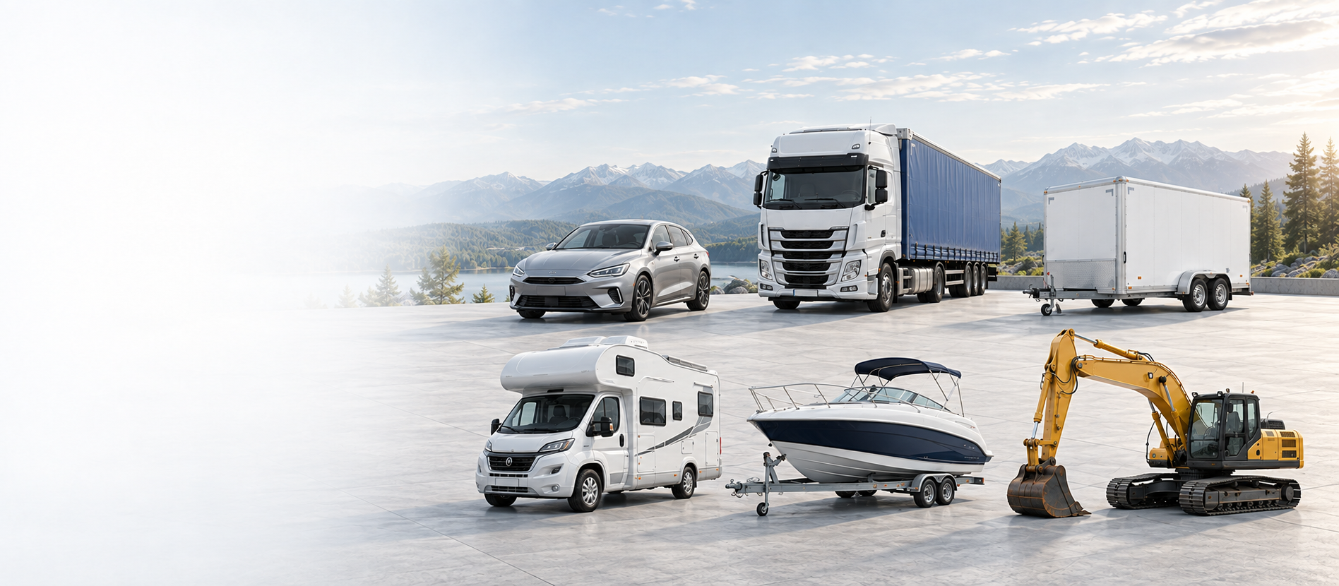 Autos, LKW, Anhänger, Wohnmobil, Boot und Bagger vor einer Berglandschaft.