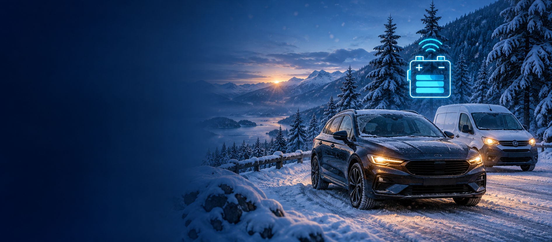 Auto und Transporter im verschneiten Winterwald mit einem illustrativen Batteriesymbol.