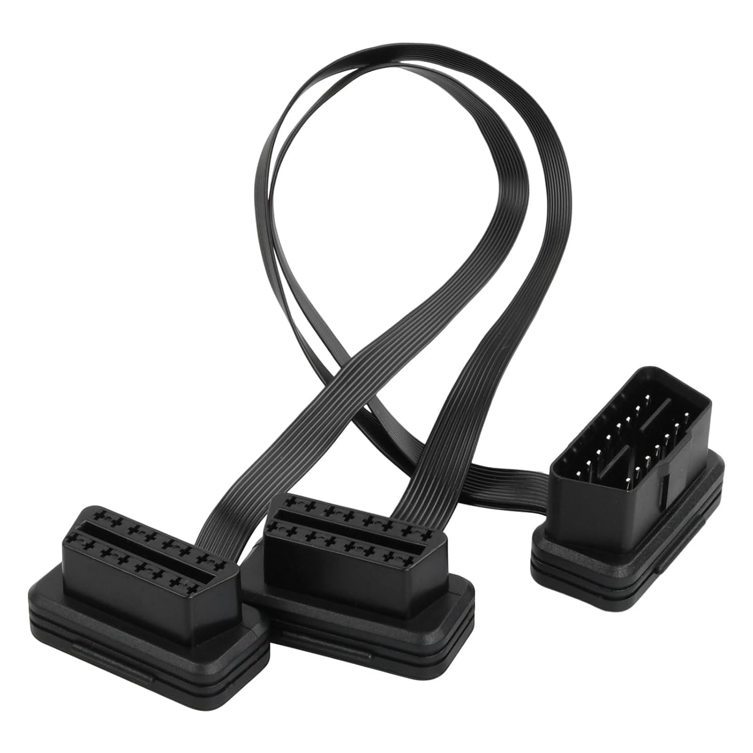 Schwarzes OBD2 Y-Verteilerkabel mit einem Stecker und zwei Buchsen