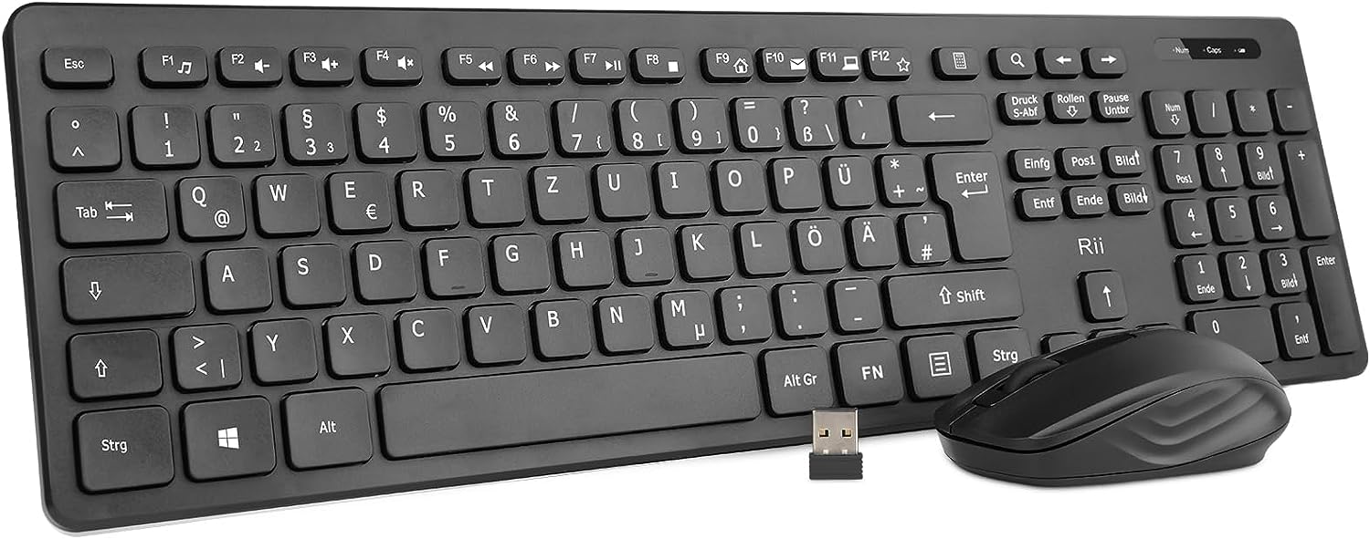 Rii Tastatur Maus Set kabellos, Funktastatur mit Maus, Wireless Keyboard and Mouse, Für PC/Laptop/Windows/Smart TV, Deutsches Layout - schwarz 